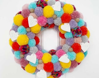 Pom Pom Wreath 'Multicoloured Mix' with Handmade Heart Tags