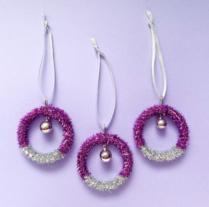 Purple Tinsel Christmas Hoops Set of 3 image 1