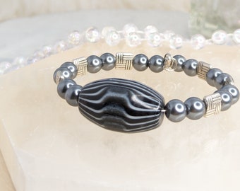 Zebra Striped Ceramic Focal Beaded Bracelet with Gray Pearl and Geometric Beaded Accents