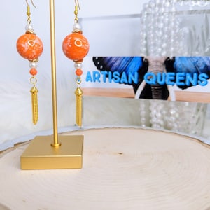 Orange Marble, Pearl, and Gold Tassel Earrings