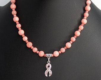 Breast Cancer Inspired Coral Beaded Pendant Necklace