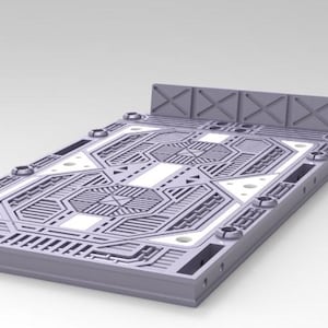 Peut inclure: Plate-forme rectangulaire grise avec un design g&eacute;om&eacute;trique complexe. La plate-forme pr&eacute;sente un bord sur&eacute;lev&eacute; et un panneau arri&egrave;re avec un motif en forme de X. La surface est d&eacute;taill&eacute;e avec des lignes et des formes semblables &agrave; des circuits.