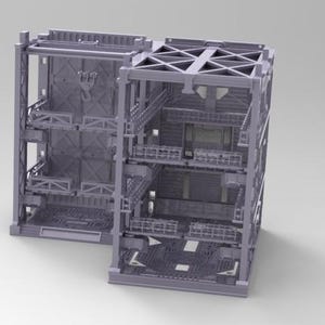 Peut inclure: Structure modulaire grise &agrave; plusieurs niveaux avec des cadres et des plateformes ouverts. La conception pr&eacute;sente plusieurs niveaux, des passerelles et une esth&eacute;tique industrielle complexe. Il s'agit probablement d'un mod&egrave;le ou d'un composant pour un projet plus vaste.