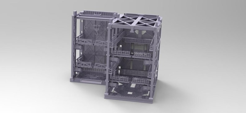 Peut inclure: Structure modulaire grise &agrave; plusieurs niveaux avec des cadres et des plateformes ouverts. La conception pr&eacute;sente plusieurs niveaux, des passerelles et une esth&eacute;tique industrielle complexe. Il s'agit probablement d'un mod&egrave;le ou d'un composant pour un projet plus vaste.
