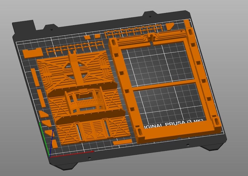 Peut inclure: Une pi&egrave;ce orange imprim&eacute;e en 3D, possiblement pour une imprimante, avec des motifs g&eacute;om&eacute;triques complexes. La pi&egrave;ce est pos&eacute;e sur une surface noire avec un quadrillage. Le texte "IGINAL PRUSA i3 MK3" est visible.