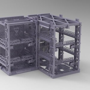 Peut inclure: Structure industrielle grise &agrave; plusieurs niveaux avec passerelles, escaliers et plateformes ouvertes. La conception pr&eacute;sente une structure en forme de grille et semble &ecirc;tre un mod&egrave;le ou une miniature, peut-&ecirc;tre pour un jeu de soci&eacute;t&eacute; ou une exposition architecturale.