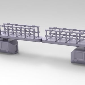 Peut inclure: Mod&egrave;le 3D gris clair d'une structure en forme de pont. La structure comporte deux bases rectangulaires reli&eacute;es par une plate-forme horizontale avec une balustrade. La conception est sym&eacute;trique.