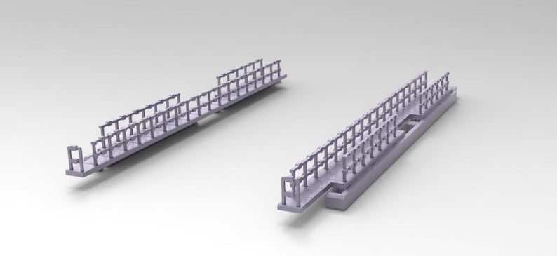 Peut inclure: Deux mod&egrave;les r&eacute;duits de ponts gris clair avec des garde-corps. L'un des ponts a un design droit, l'autre un design en escalier. Les deux mod&egrave;les sont pos&eacute;s sur un fond gris clair.