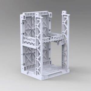May include: A white architectural model with an intricate, open design. The model showcases a network of connected platforms, support beams, and cross-bracing, producing a detailed, industrial appearance. The design implies a miniature construction or engineering project.