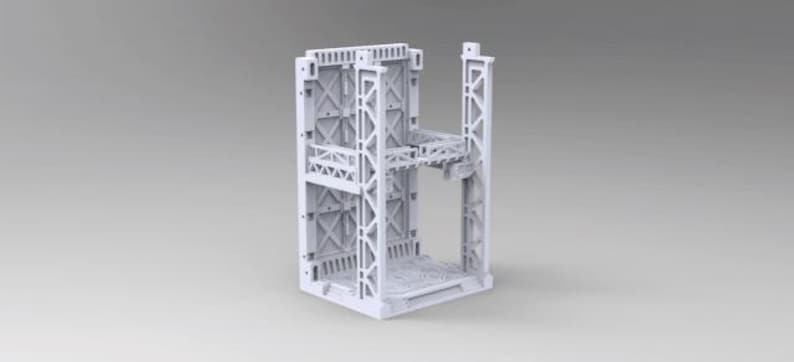 May include: A white architectural model with an intricate, open design. The model showcases a network of connected platforms, support beams, and cross-bracing, producing a detailed, industrial appearance. The design implies a miniature construction or engineering project.