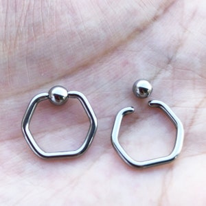 14g Surgical Steel Hexagon Captive Bead Ring CBR 10mm / 12mm Segment Nose piercing ring Septum Ring