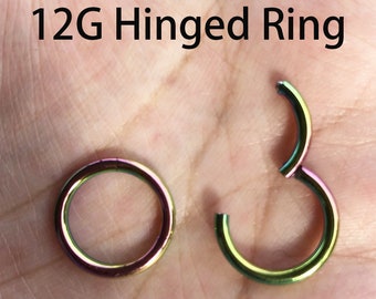 12G Rainbow Multi Color Surgical Steel HINGED Segment Nose Ring Septum Clicker Ring Daith Hoop Large gauge
