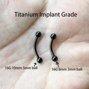 16G Black Color Titanium Eyebrow Ring Curved Barbell 0.9mm Internally Threaded 3mm Balls Ends 8mm 10mm length