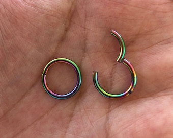 Rainbow Multi Color HINGED Segment Nose Ring Septum Clicker Ring Daith Hoop 20G 18G 16G 14G