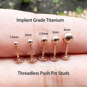 Rose Gold Implant Grade Titanium Threadless push pin 1.5mm, 2mm, 2.5mm, 3mm, 4mm ball Tragus Triple Forward Helix ear studs 20g 18g 16g
