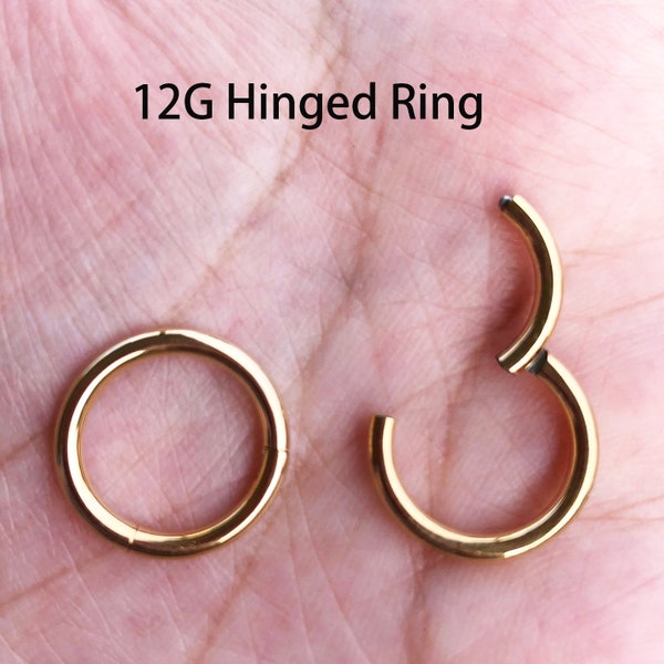 12G Gold Color Surgical Steel HINGED Segment Nose Ring Septum Clicker Ring Daith Hoop Large gauge 10mm 12mm 14mm
