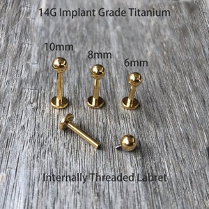 14g Gold color Grade 23 Implant Grade Titanium 1.2mm Internally Threaded Monroe Labret 4mm Ball Tragus Cartilage Lip ring