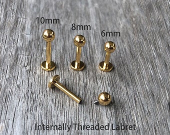 14g Gold color Grade 23 Implant Grade Titanium 1.2mm Internally Threaded Monroe Labret 4mm Ball Tragus Cartilage Lip ring