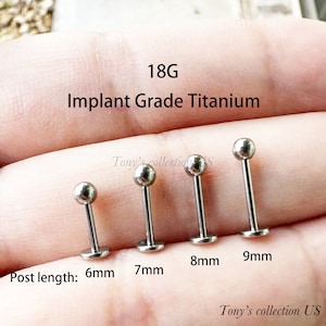 Labret Monroe filettato internamente da 0,8 mm, in titanio massiccio di grado 23 da 18 g, cartilagine trago in titanio a sfera da 3 mm