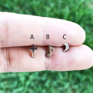 16G Titanium Cross Crescent Music note Internally Threaded G23 Implant Grade Tragus Labret Forward Helix Ear Earring Stud