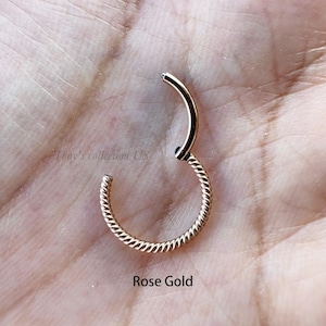 18G 16G Twisted Seil Rose Gold Farbe Chirurgenstahl HINGED Segment Nasenring Septum Geflochtener Clicker Ring Daith Helix Hoop 8 mm 10 mm