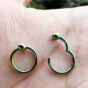 Rainbow CBR Clicker 18G 16G 14G Surgical Steel HINGED Segment Nose Ring Septum Ring Daith Hoop Captive Bead Ring Ball Closure