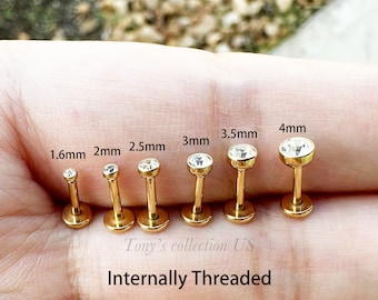 Gold Color 18g Internally Threaded 1.6mm, 2mm, 2.5mm, 3mm, 4mm Clear Tragus Triple Forward Helix 316L surgical steel ear studs