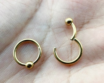 18G 16G 14G Gold Color Plated on Surgical Steel HINGED Segment Nose Ring Septum BCR Clicker Ring Daith Hoop Captive Bead Ring