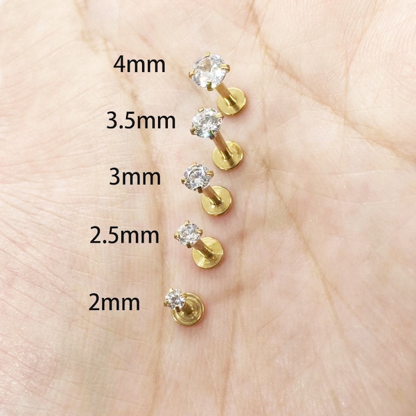 16G 2-4mm Tragus Clear CZ Stone Internally threaded Gold Triple Forward Helix Nose Ring Labret Lip Earring Surgical Steel Prong Set