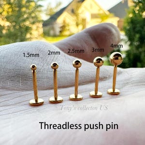 Gold Color Implant Grade Titanium Threadless push pin 1.5mm, 2mm, 2.5mm, 3mm, 4mm ball Tragus Triple Forward Helix ear studs 20g 18g 16g