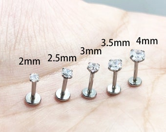 18G 16G 2-4mm Tragus Clear CZ Stone Internally threaded 6-8-10mm Triple Forward Helix Nose Ring Labret Lip Earring Surgical Steel Prong Set