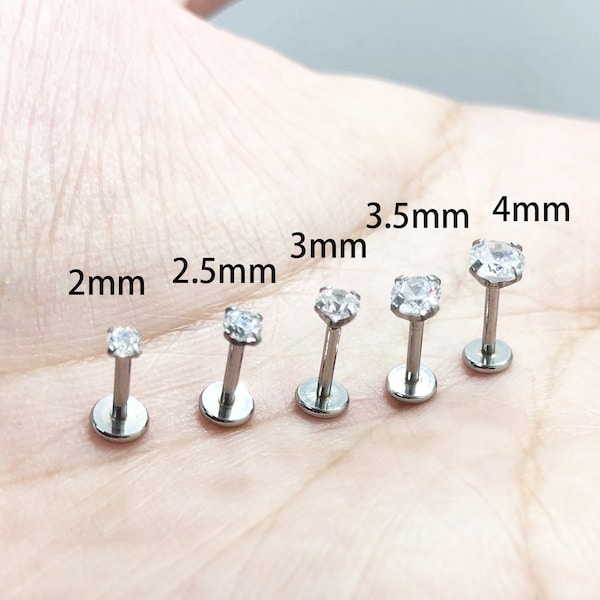 18G 16G 2-4mm Tragus Clear CZ Stone Internally threaded 6-8-10mm Triple Forward Helix Nose Ring Labret Lip Earring Surgical Steel Prong Set