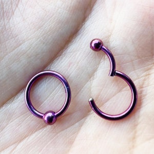 Purple BCR Clicker 18G 16G 14G Surgical Steel HINGED Segment Nose Ring Septum Ring Daith Hoop Captive Bead Ring