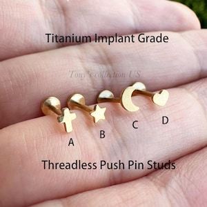 Gold Color Titanium Threadless push pin Tragus Triple Forward Helix ear studs 20g 18g 16g Cross, Star, Crescent new moon, Heart Flat back