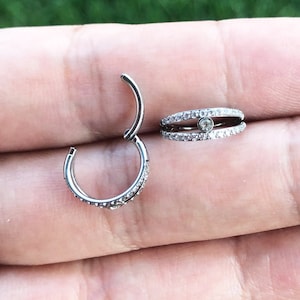 Implant Grade Titanium 16g 8mm Double Hoops with CZ Segment Rings Cartilage Nose Septum Seamless Hinged Clicker