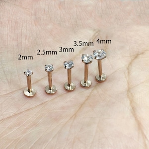 16G Rose gold 2-4mm Tragus Clear CZ Stone Internally threaded Triple Forward Helix Nose Ring Labret Lip Earring Surgical Steel Prong Set