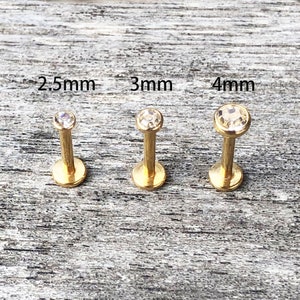 16g 6mm 8mm 10mm Internally Threaded 2.5mm, 3mm, 4mm Clear Tragus Triple Forward Helix 316L surgical steel ear studs Gold color Lip ring image 3