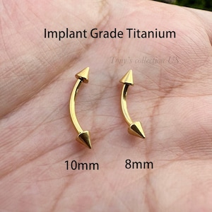 16G Titanium Gold color Spike Eyebrow Ring Curved Barbell 0.9mm Internally Threaded Ends 8mm 10mm length