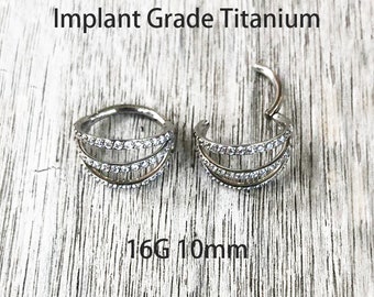 Implant Grade Titanium 16g 10mm Hinge Triple Hoops with CZ Segment Rings Cartilage Hoop Nose Septum Seamless Hinged Clicker