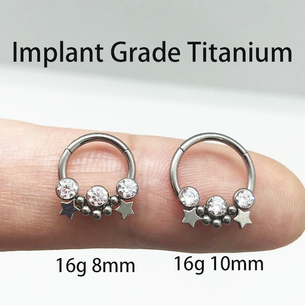 16g 8mm Star Clicker with CZ stone, tiny beads Implant Grade Titanium Hinged Segment Hoop Ring Daith Helix Septum Piercing