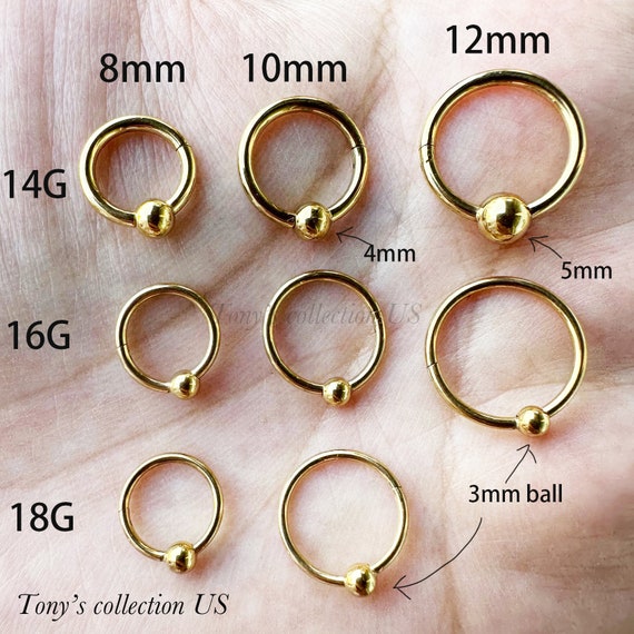 Implant Grade Titanium BCR Clicker 18G 16G 14G Gold Color HINGED Segment  Nose Ring Septum Ring Daith Hoop Captive Bead Ring