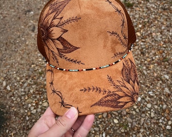 Gorra de camionero con girasol de púas quemado a mano, floral, estilo western.