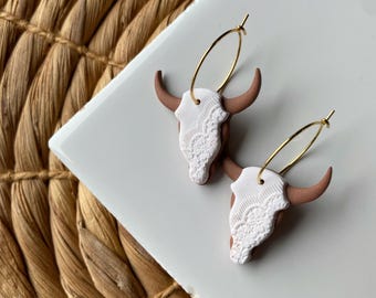 Lace Longhorn Hoop Earrings, Boho Earrings, Western Earrings, Polymer Clay Dangle Earrings, Southwestern Earrings, Steer Skull, Aztec