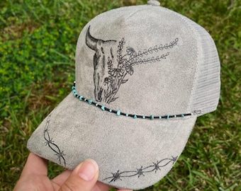 Hand Burned Trucker Hat, Longhorn Hat, Floral, Western