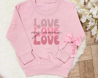 Pink "love love love my mama" sweatshirt, girls jumper with matching hair bow