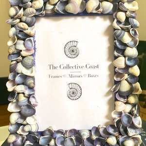 May include: A purple picture frame decorated with seashells. The frame has the text "The Collective Coast" and "Frames Mirrors Boxes" printed on it.