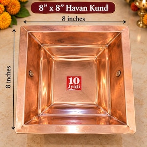 May include: A square copper Havan Kund measuring 8 inches by 8 inches. The vessel features a stepped, pyramid-like interior design with a central red square label displaying the white text 10 Jyoti. Two small metal rivets are visible on the sides.
