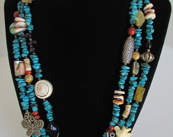 Native American Navajo Sterling 3 Strand Turquoise Charm & Fetish Necklace 26"L