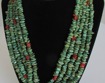 Native American Navajo 5 Strand Royston Turquoise & Coral Nugget Necklace 28"L