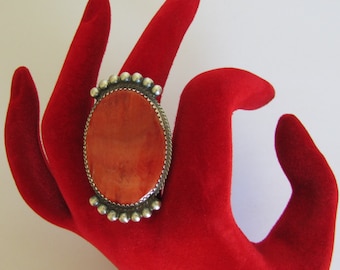 Native American Navajo Sterling Red Spiny Oyster Ring Size 8 Signed Betty Joe